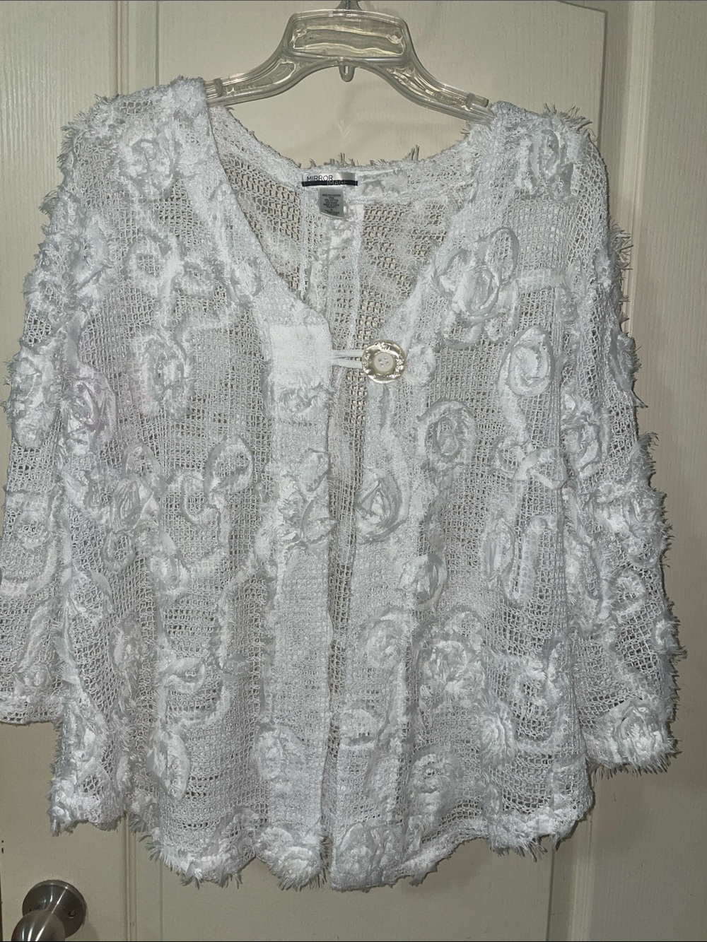 White Floral Textured Open-Knit Cardigan by Mirror Image